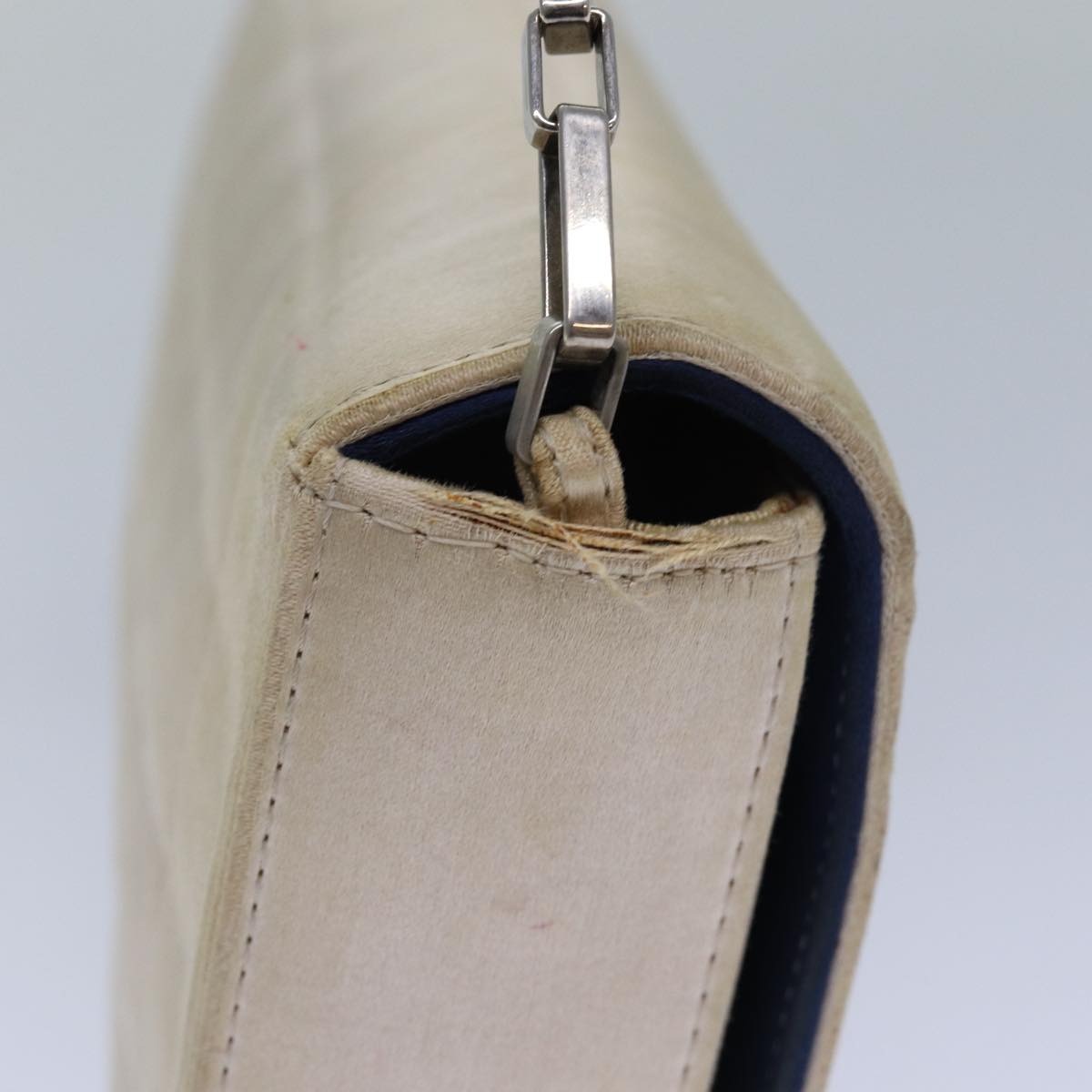 CHANEL Choco Bar Chain Hand Bag Satin Beige Navy CC bs16725