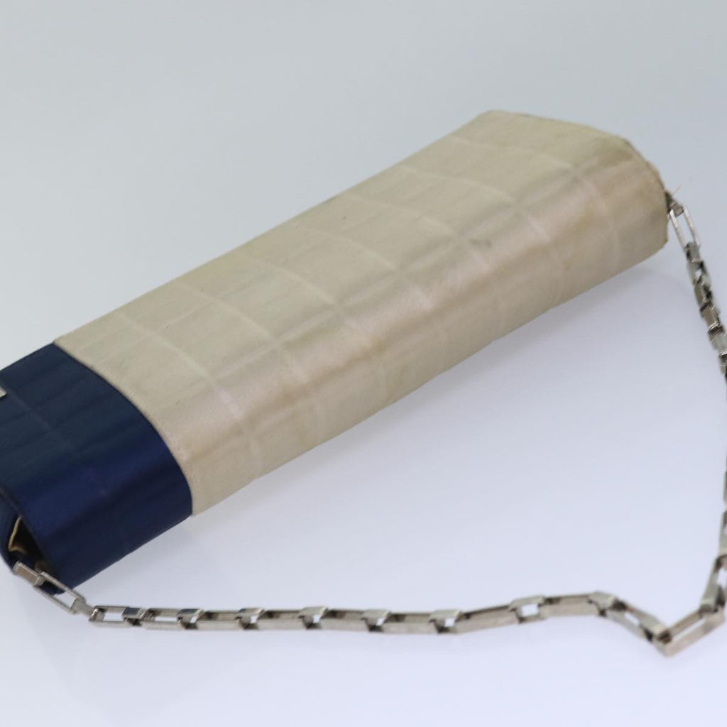 CHANEL Choco Bar Chain Hand Bag Satin Beige Navy CC bs16725