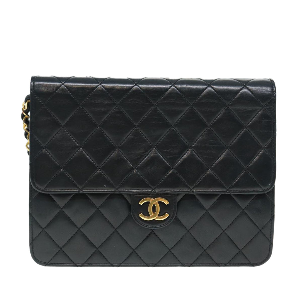 CHANEL Matelasse Chain Shoulder Bag Lamb Skin Black Gold CC bs16822