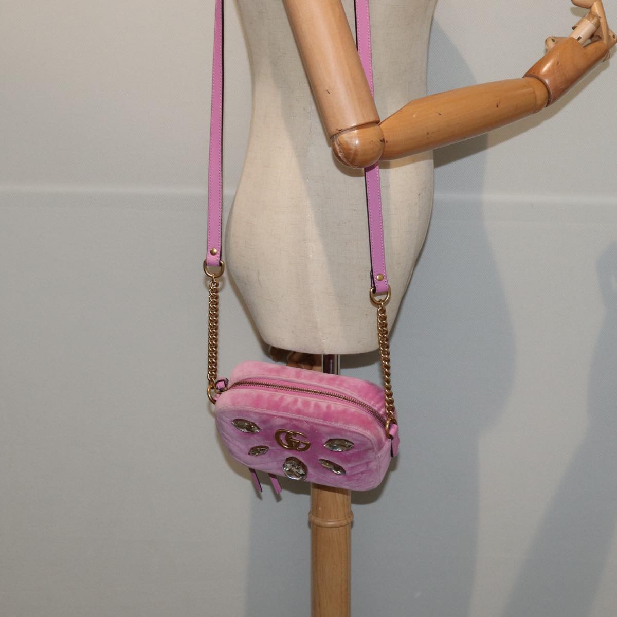 GUCCI GG Marmont Shoulder Bag Velor Pink Gold 448065 bs16891