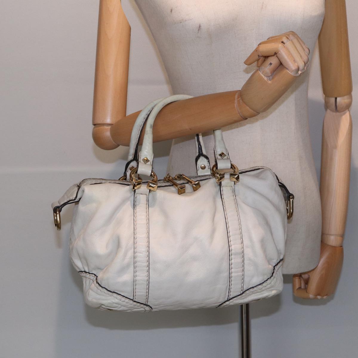 GUCCI Hand Bag Leather White Gold 189893 bs16895
