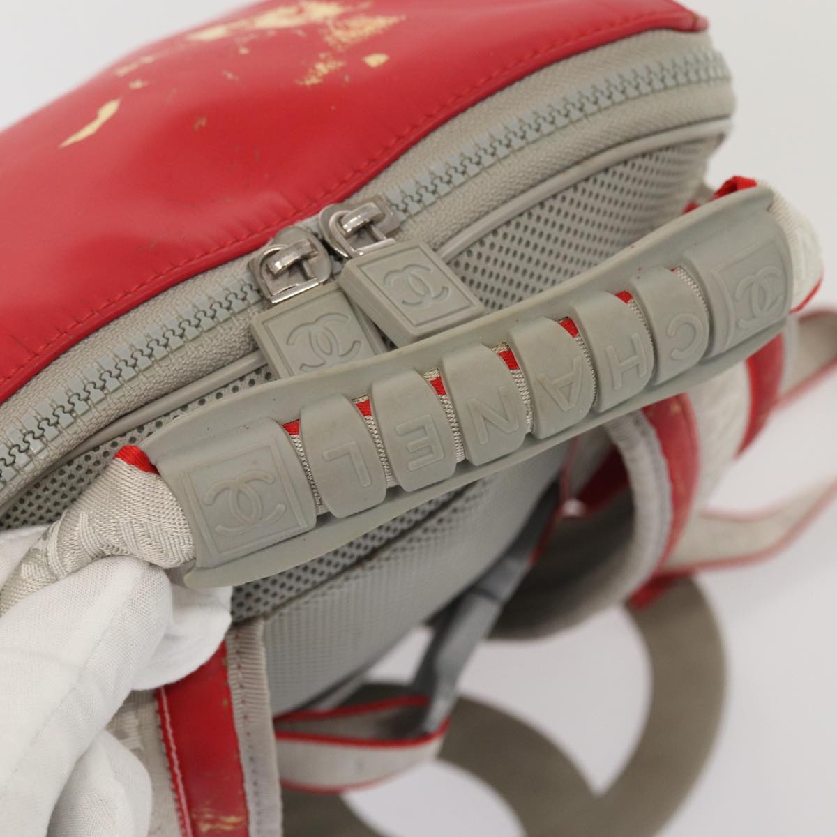CHANEL Sports Line Backpack Vinyl Red Gray CC bs16920
