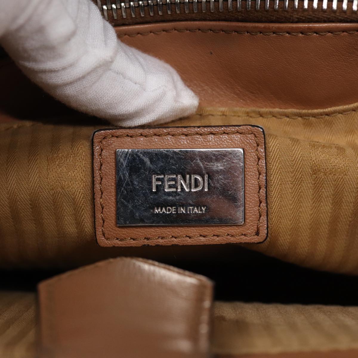 FENDI Hand Bag Leather 2way Beige Silver bs16933