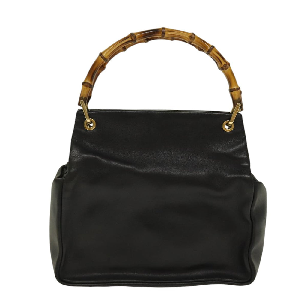 GUCCI Bamboo Hand Bag Leather Black Gold 000 3444 0580 bs16978