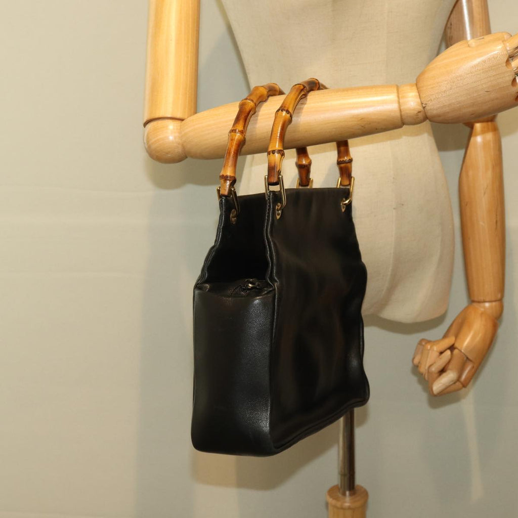 GUCCI Bamboo Hand Bag Leather Black Gold 000 3444 0580 bs16978