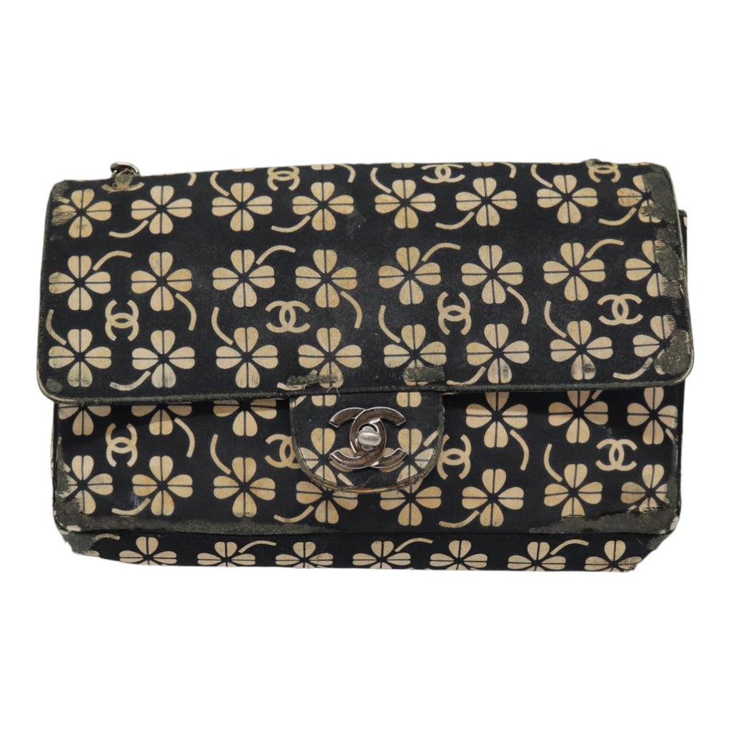 CHANEL Clover Turn Lock Chain Shoulder Bag Canvas Black Silver CC bs16983