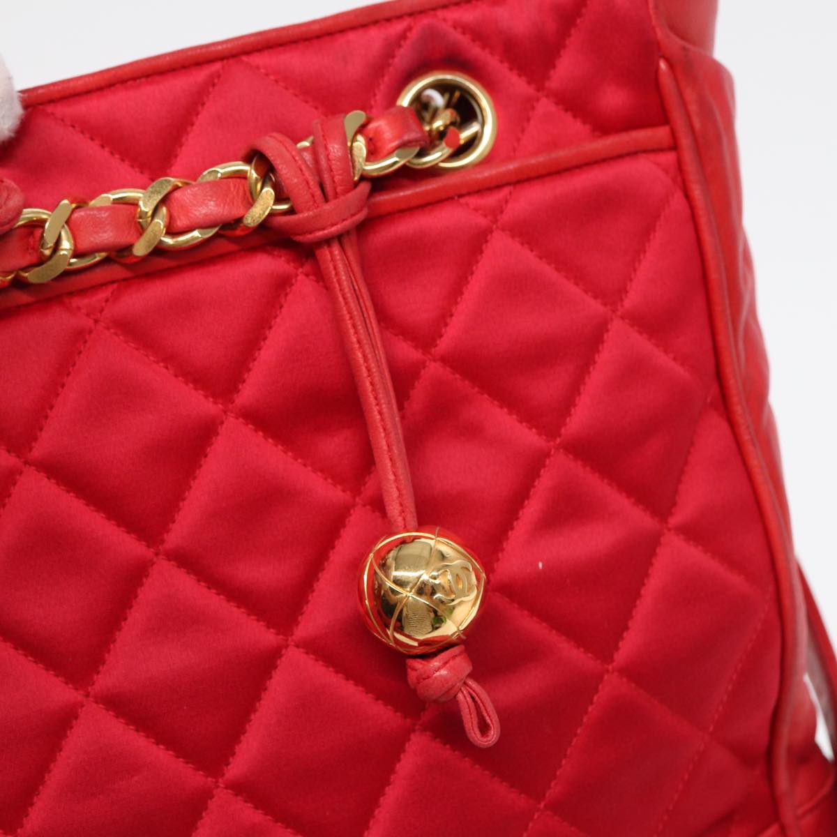 CHANEL Matelasse Chain Shoulder Bag Satin Red Gold CC bs17153