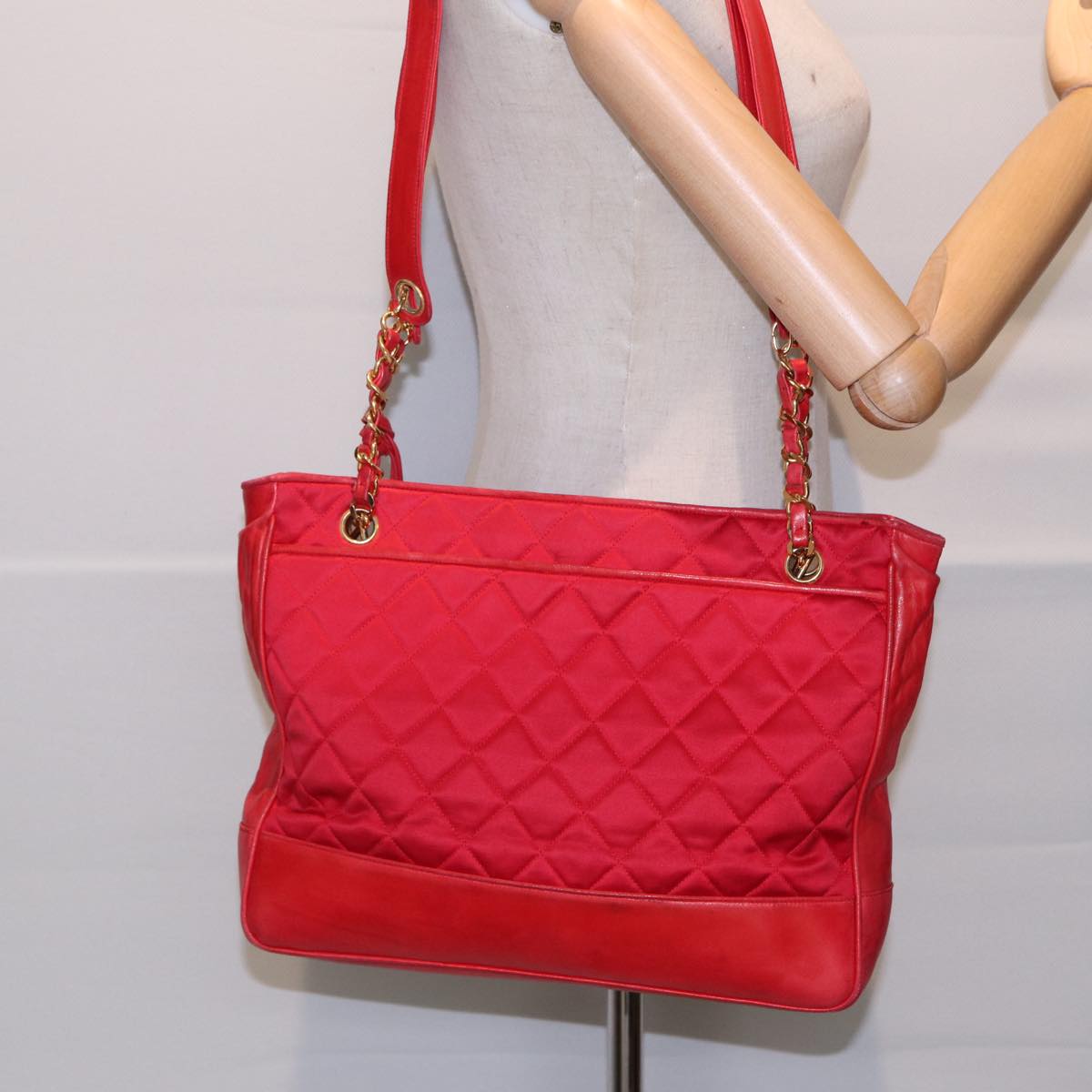 CHANEL Matelasse Chain Shoulder Bag Satin Red Gold CC bs17153