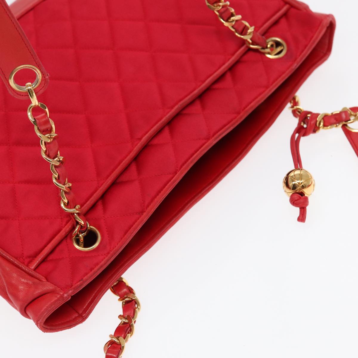 CHANEL Matelasse Chain Shoulder Bag Satin Red Gold CC bs17153
