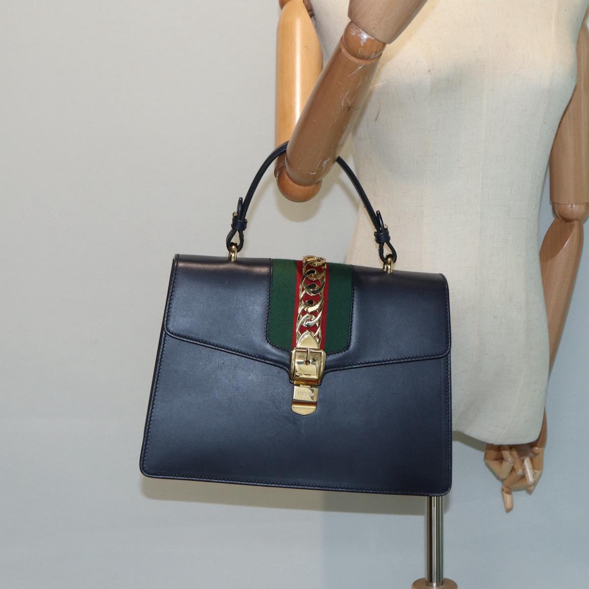 GUCCI Web Sherry Line Silvi Hand Bag Leather Black Red Green 431665 bs17172