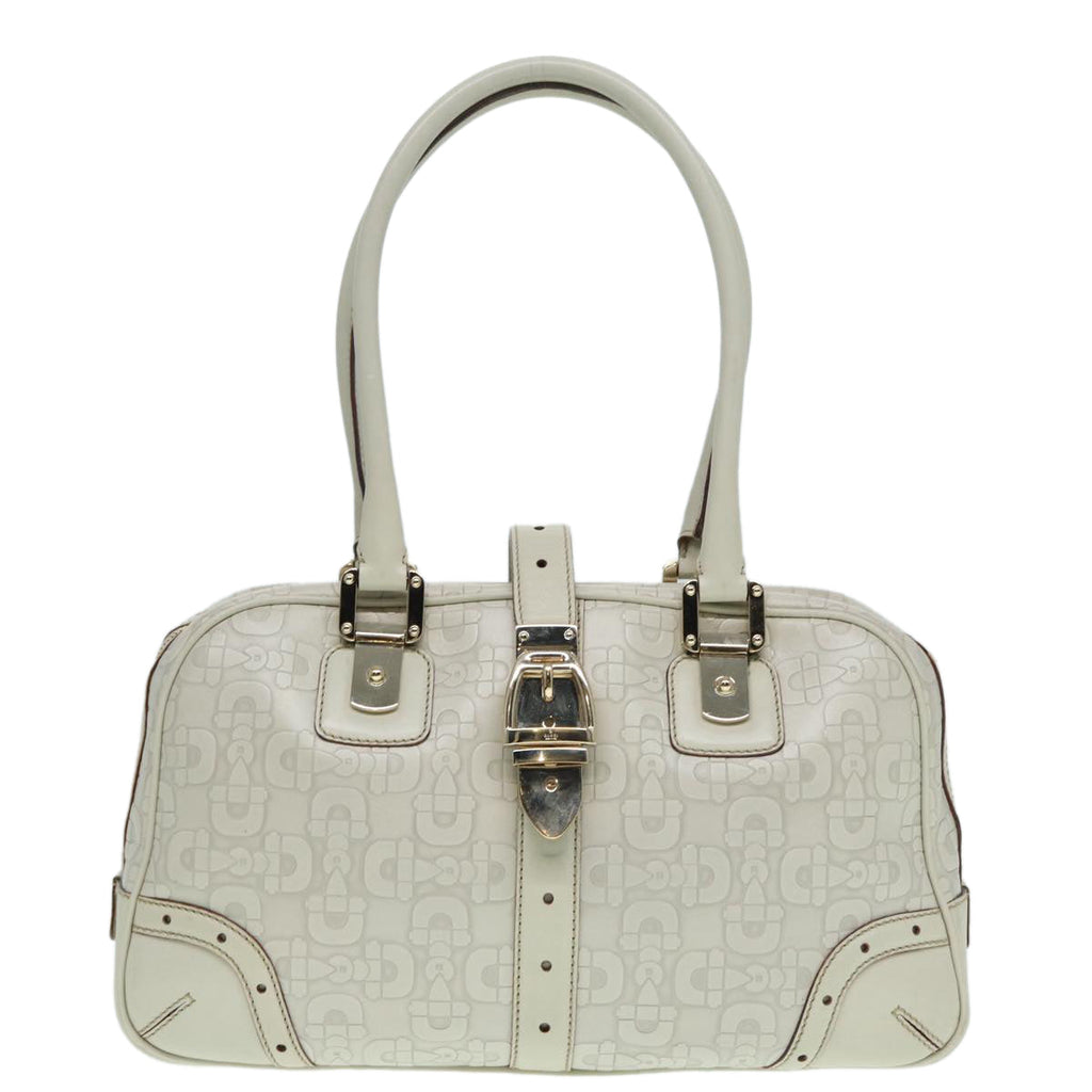 GUCCI Horsebit Shoulder Bag Leather Gold White 145770 bs17324