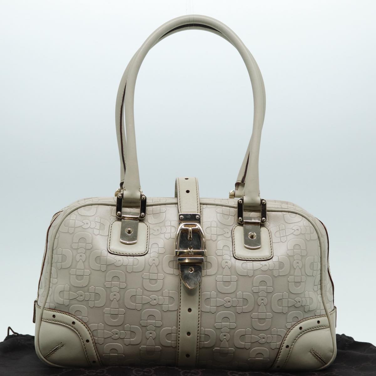 GUCCI Horsebit Shoulder Bag Leather Gold White 145770 bs17324