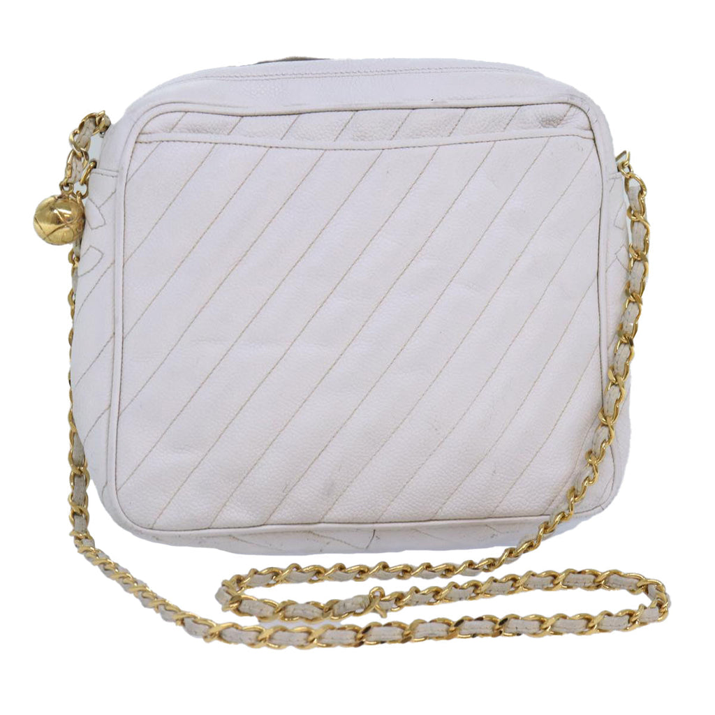 CHANEL Mademoiselle Chain Shoulder Bag Caviar Skin White Gold CC bs17332