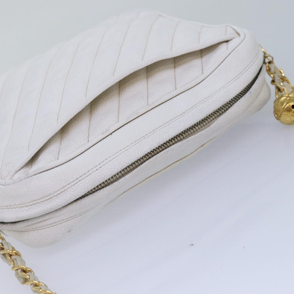 CHANEL Mademoiselle Chain Shoulder Bag Caviar Skin White Gold CC bs17332