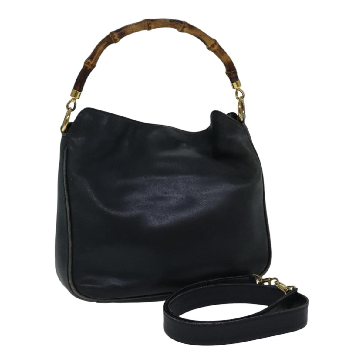 GUCCI Bamboo Hand Bag Leather 2way Black bs17354