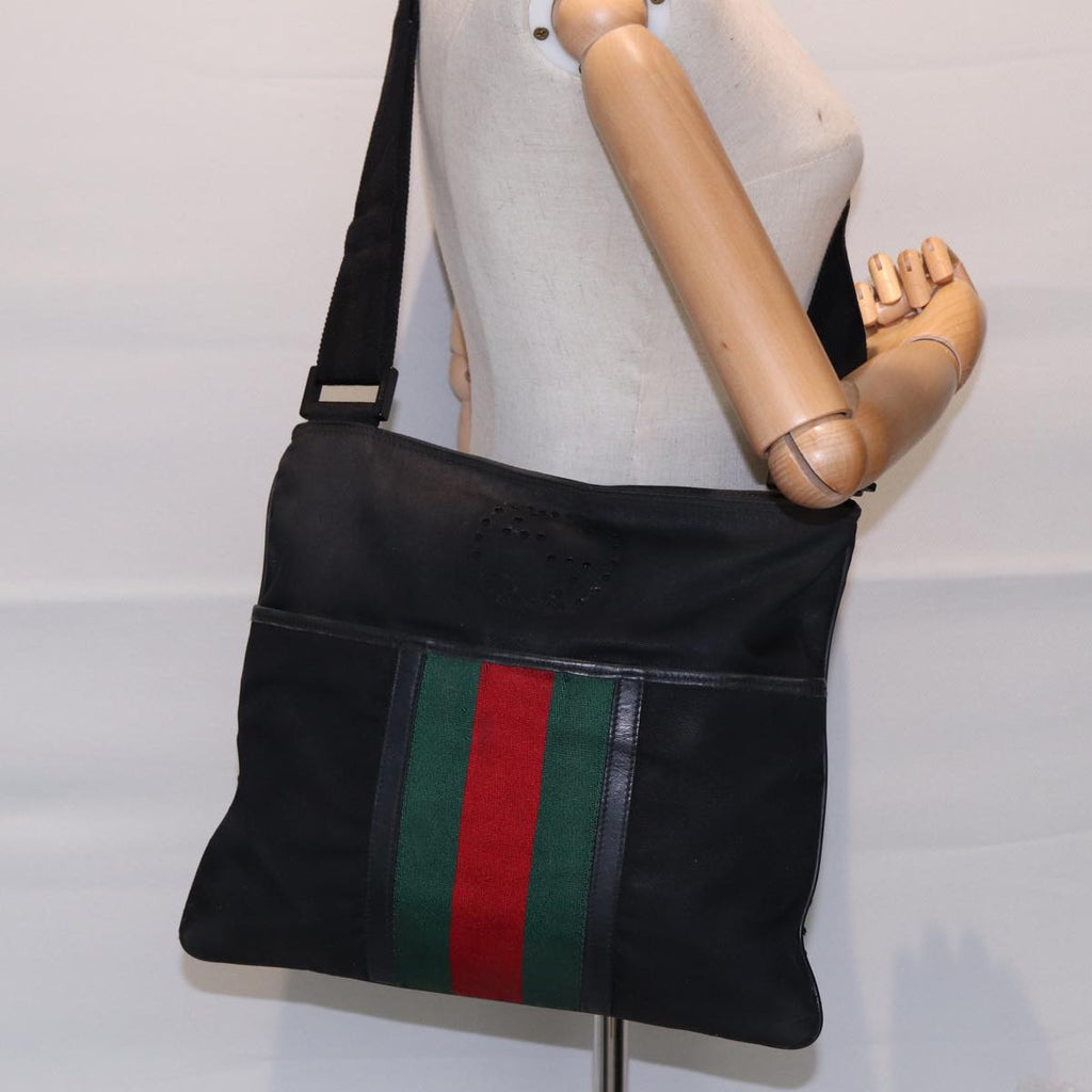 GUCCI Web Sherry Line Shoulder Bag Canvas Black Red Green 181067 bs17422