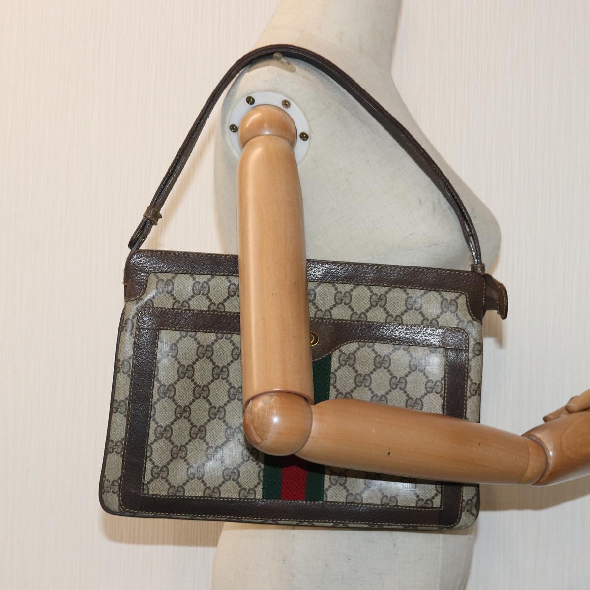 GUCCI GG Supreme Web Sherry Line Shoulder Bag PVC Beige Red Green bs17435