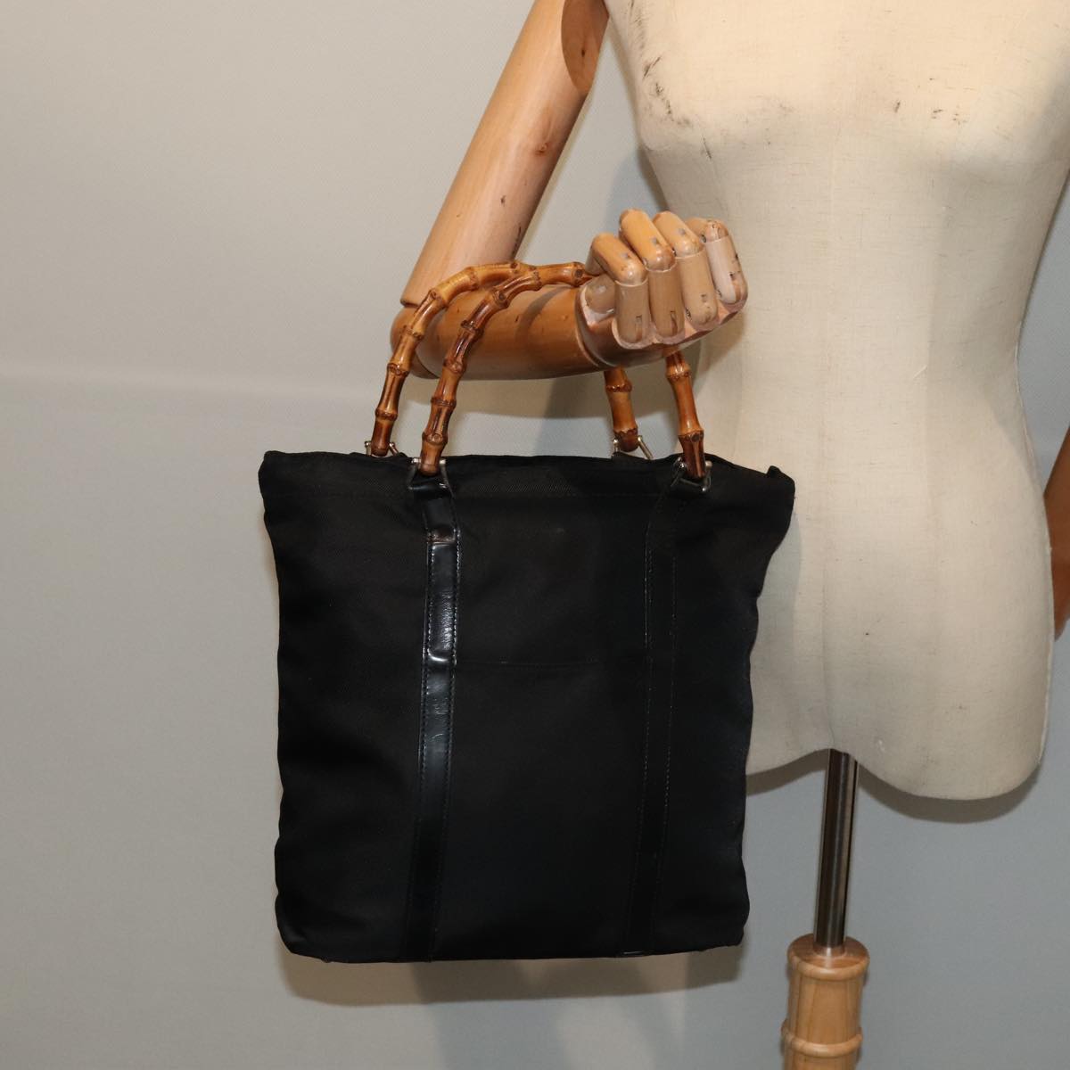 GUCCI Bamboo Hand Bag Nylon Black Gold 000 3754 0508 bs17437