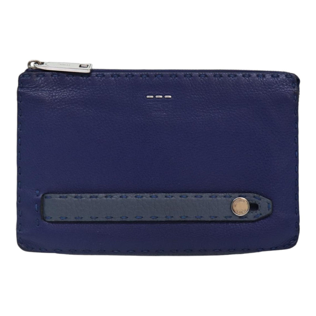 FENDI Clutch Bag Leather Blue Silver bs17465