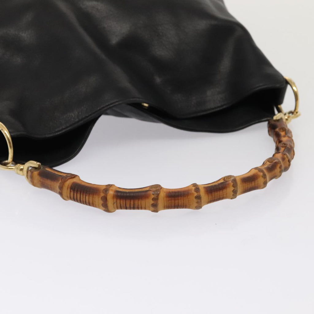 GUCCI Bamboo Hand Bag Leather Black Gold 001 1705 1638 bs17478