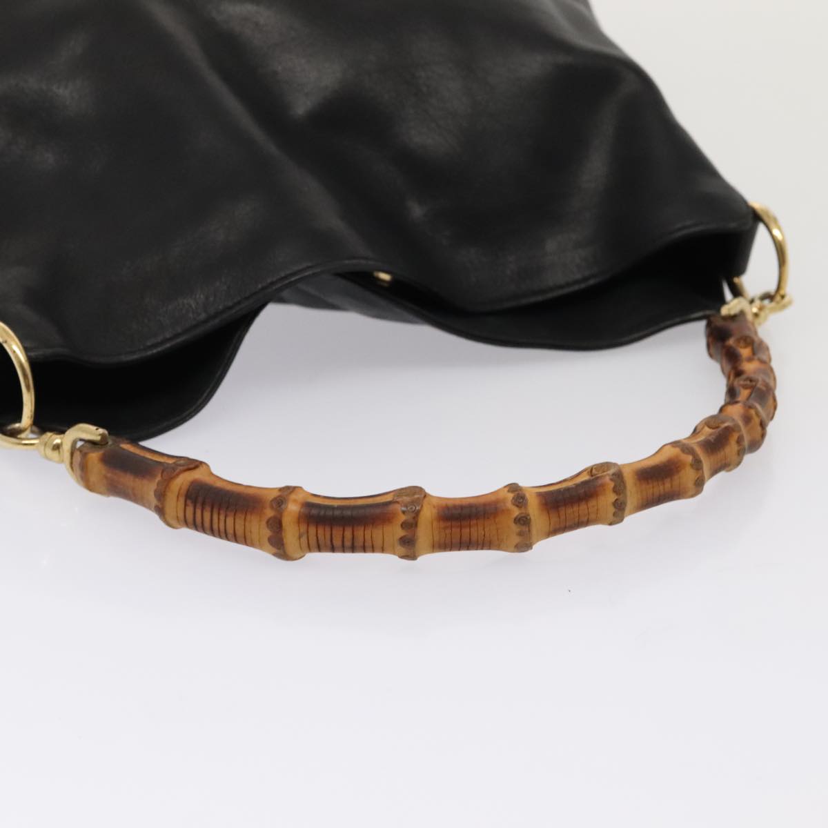 GUCCI Bamboo Hand Bag Leather Black Gold 001 1705 1638 bs17478