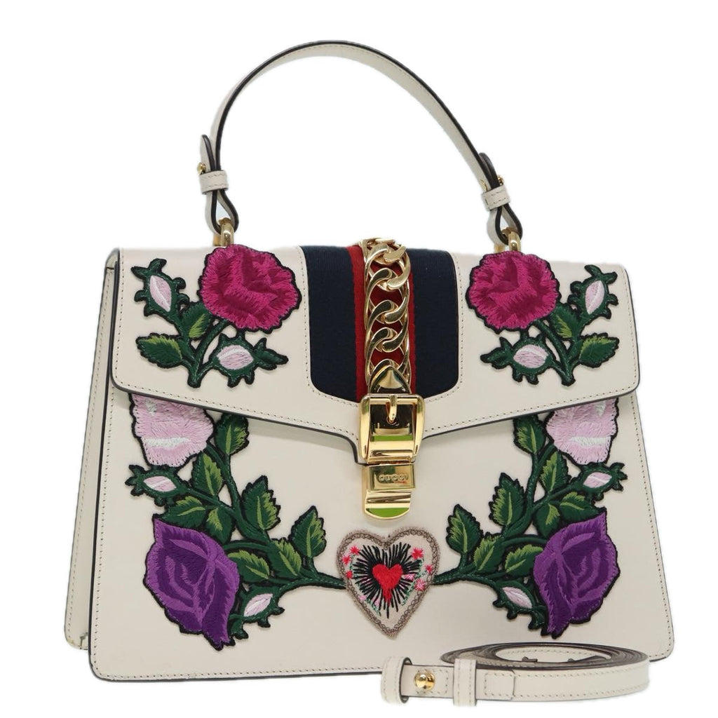 GUCCI Silvi Sherry Line Hand Bag Leather 2way White Gold Red 431665 bs17582