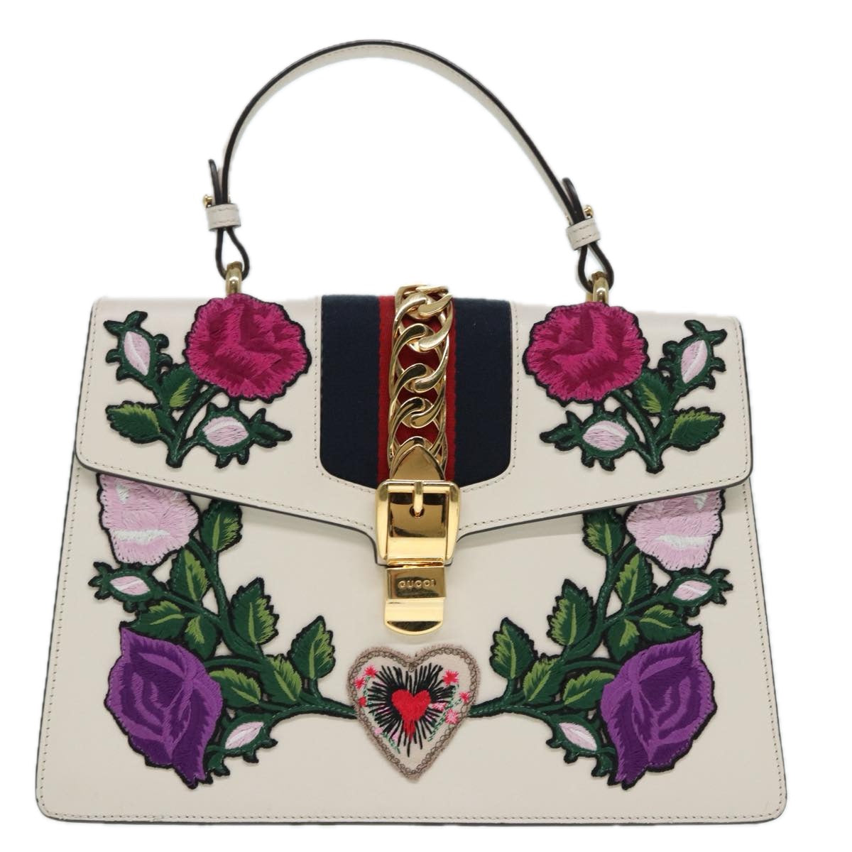 GUCCI Silvi Sherry Line Hand Bag Leather 2way White Gold Red 431665 bs17582