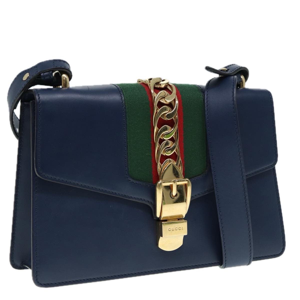 GUCCI Silvi Web Sherry Line Shoulder Bag Leather Navy Gold 421882 bs17583
