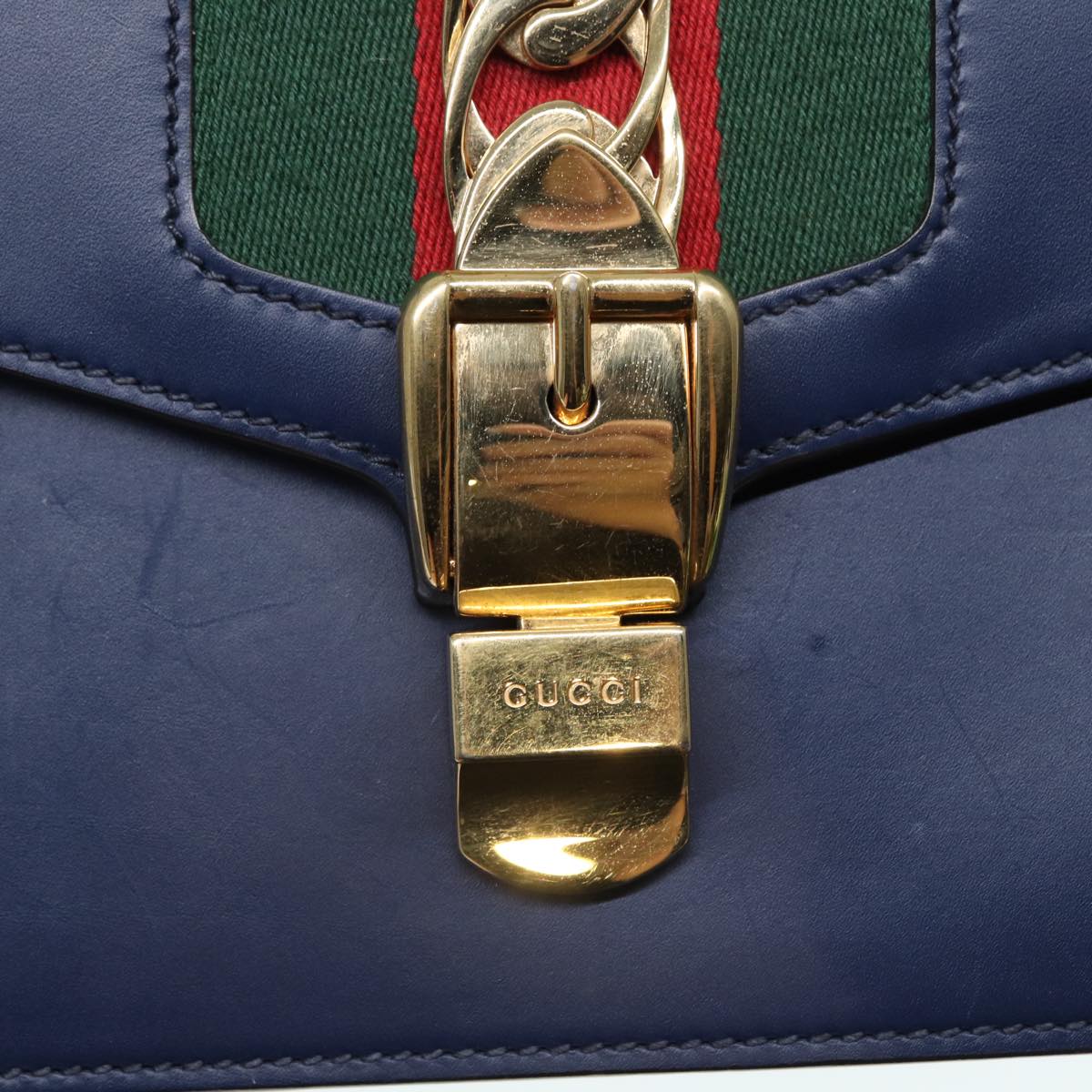 GUCCI Silvi Web Sherry Line Shoulder Bag Leather Navy Gold 421882 bs17583
