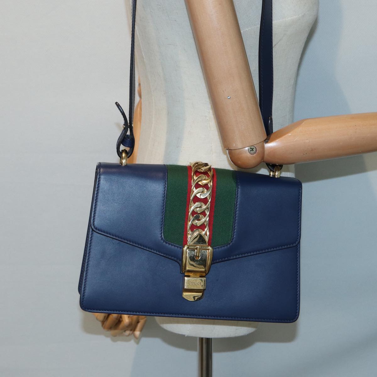 GUCCI Silvi Web Sherry Line Shoulder Bag Leather Navy Gold 421882 bs17583