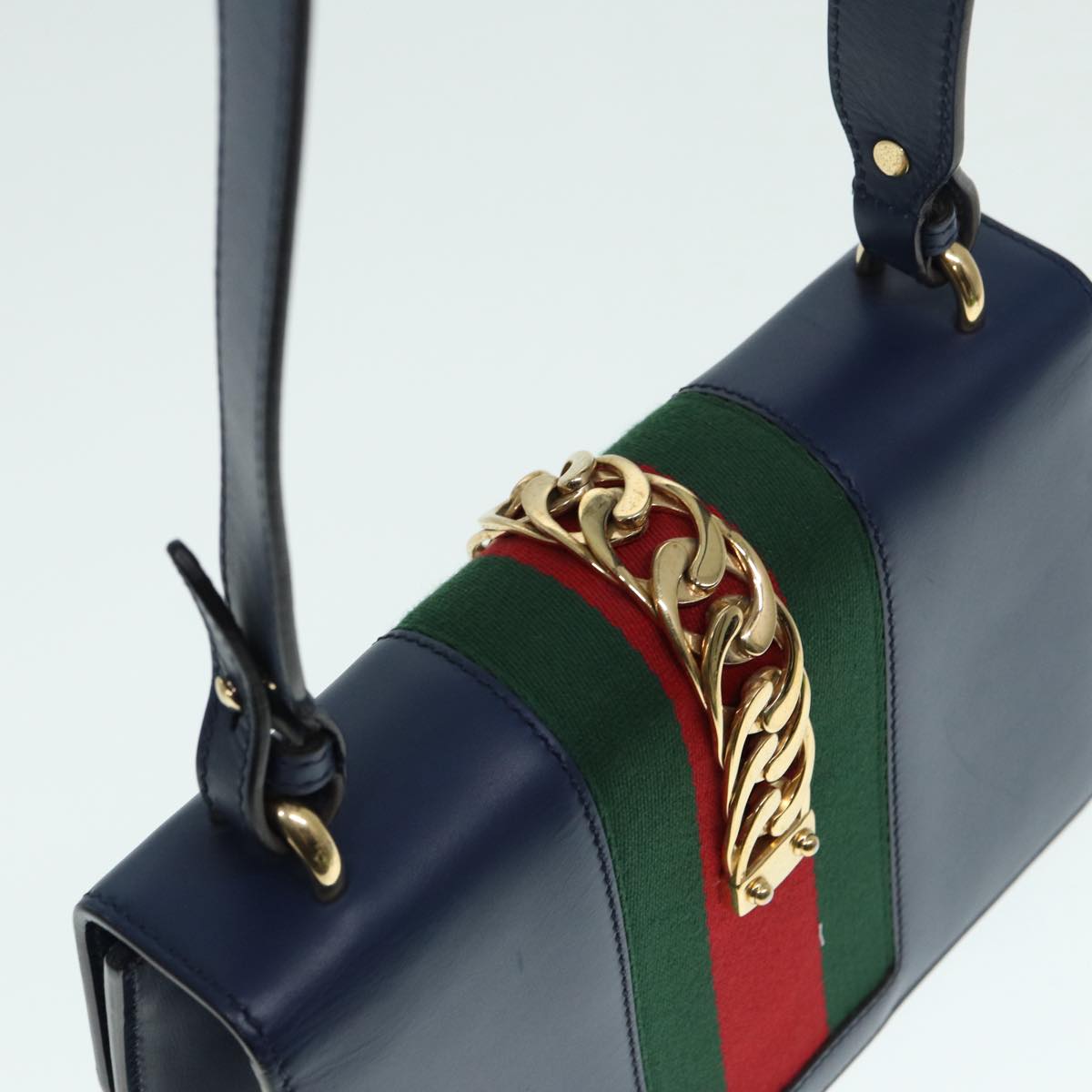 GUCCI Silvi Web Sherry Line Shoulder Bag Leather Navy Gold 421882 bs17583