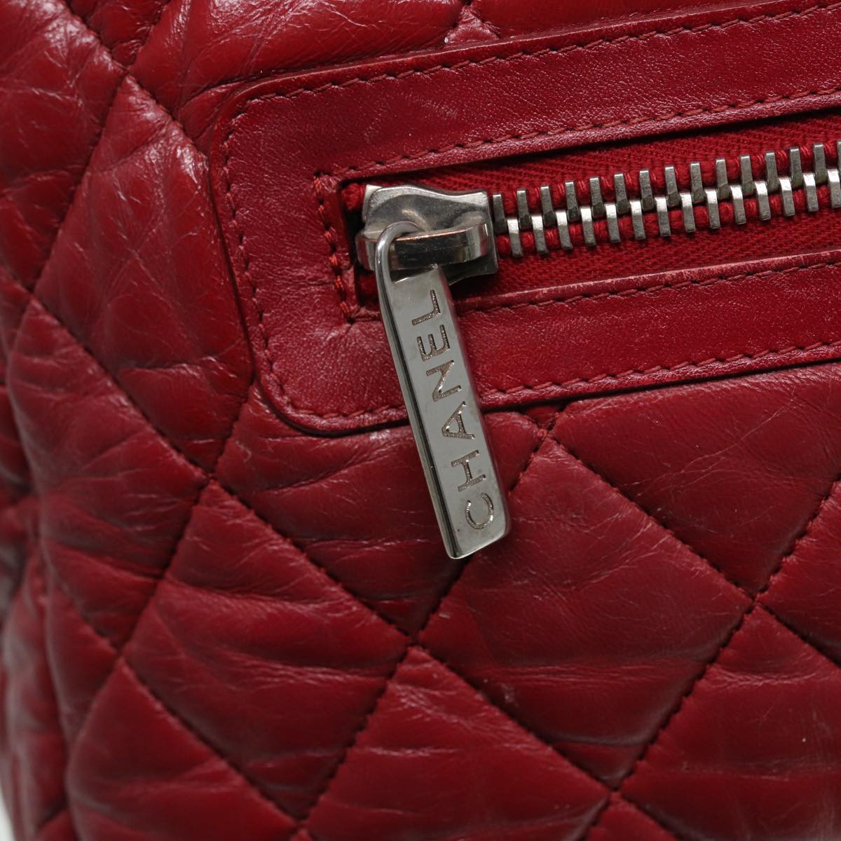 CHANEL Hand Bag Lamb Skin Red Silver CC bs17618