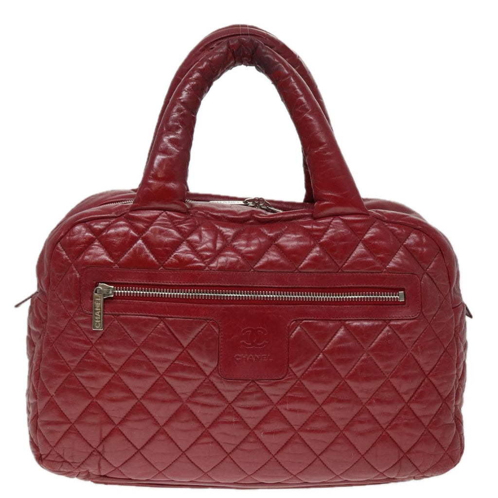 CHANEL Hand Bag Lamb Skin Red Silver CC bs17618