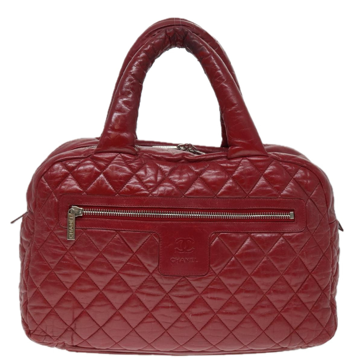 CHANEL Hand Bag Lamb Skin Red Silver CC bs17618