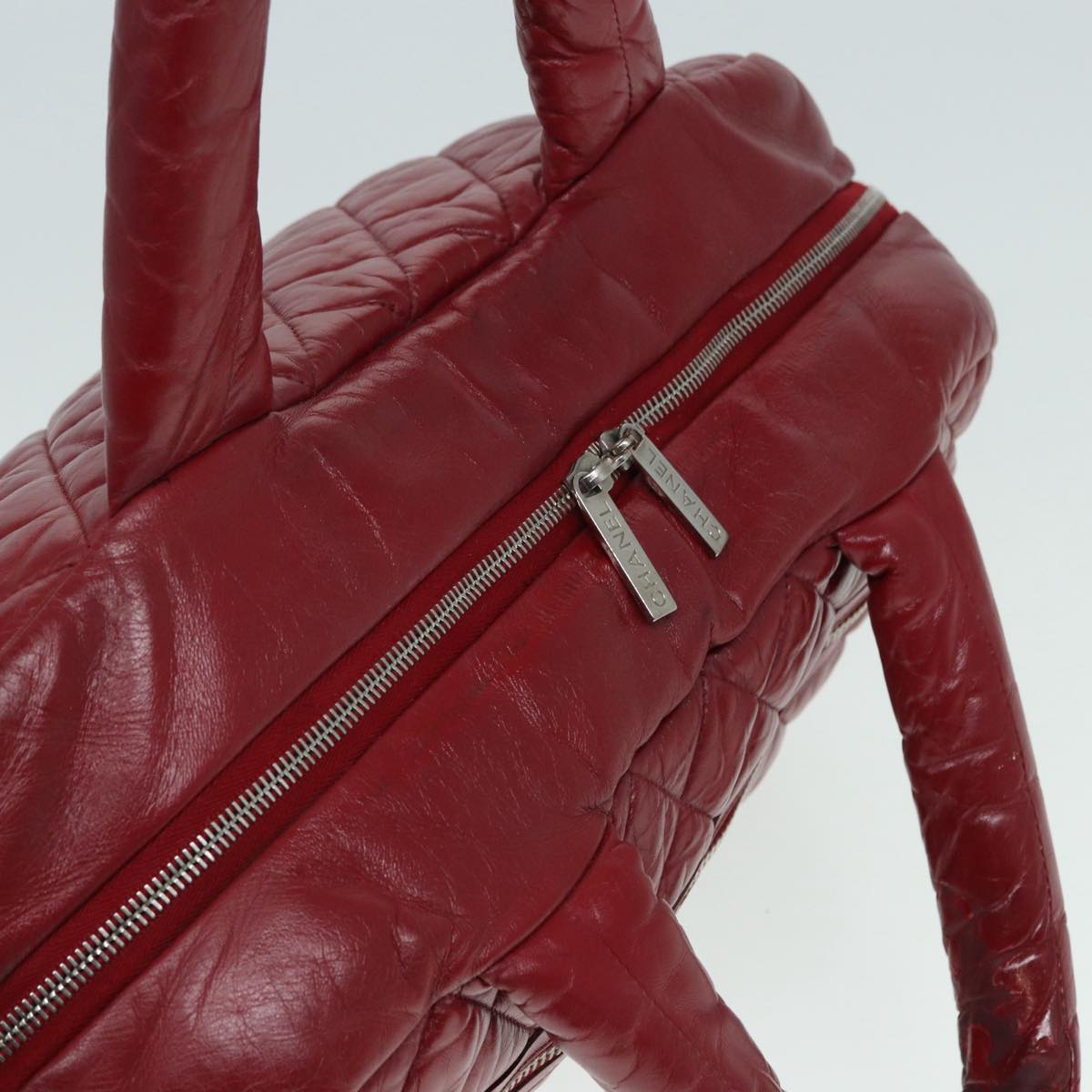 CHANEL Hand Bag Lamb Skin Red Silver CC bs17618
