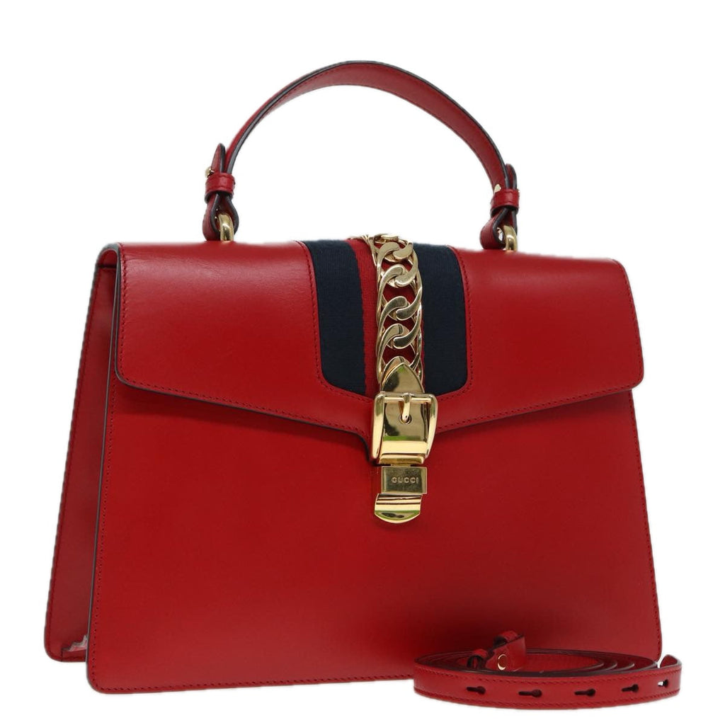 GUCCI Silvi Sherry Line Hand Bag Leather 2way Navy Gold Red 431665 bs17661