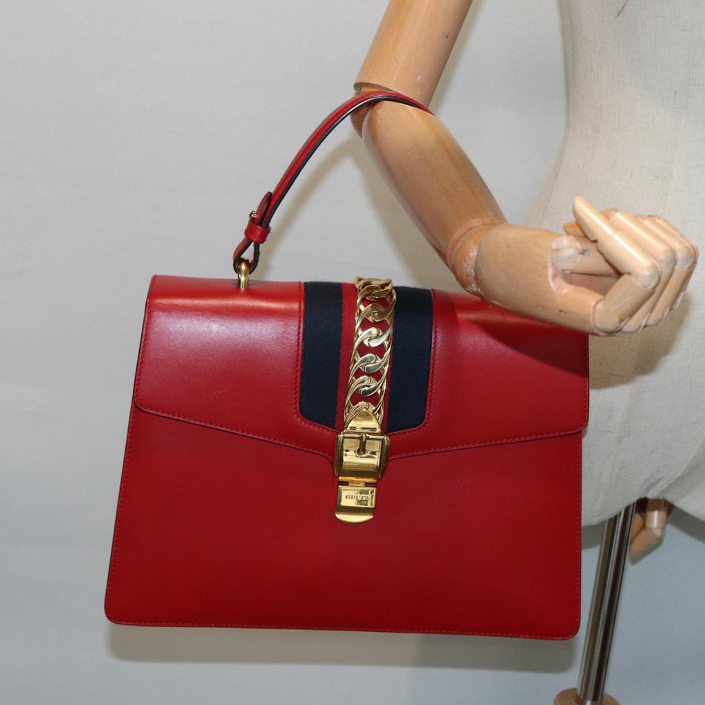 GUCCI Silvi Sherry Line Hand Bag Leather 2way Navy Gold Red 431665 bs17661