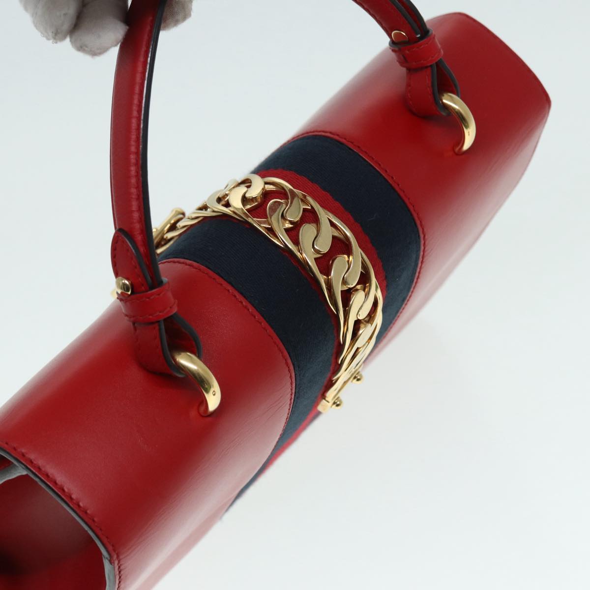 GUCCI Silvi Sherry Line Hand Bag Leather 2way Navy Gold Red 431665 bs17661