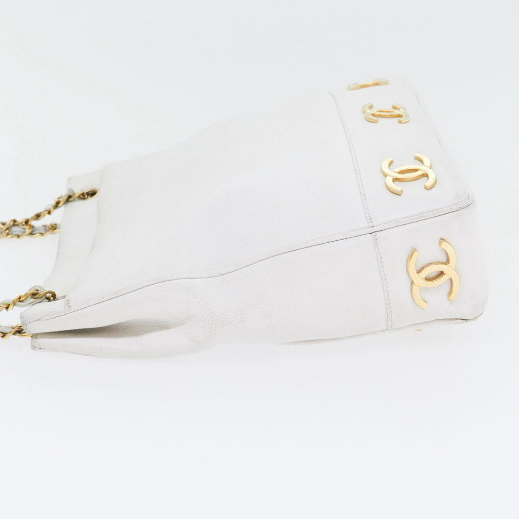 CHANEL Chain Shoulder Bag Caviar Skin White Gold CC bs17674