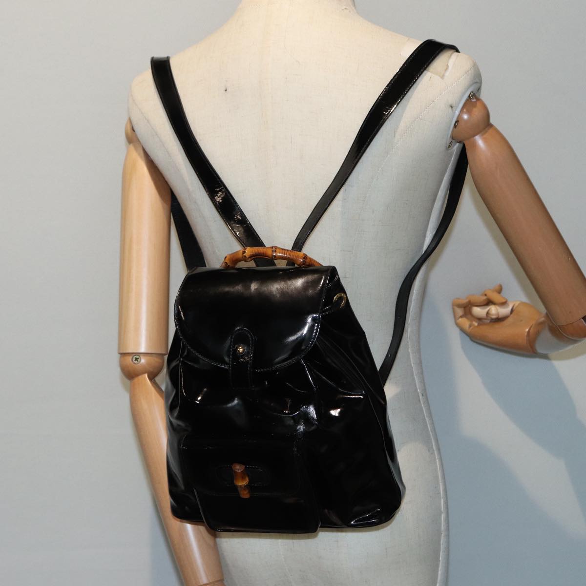 GUCCI Bamboo Backpack Enamel Black Gold 003 3444 0030 bs17710
