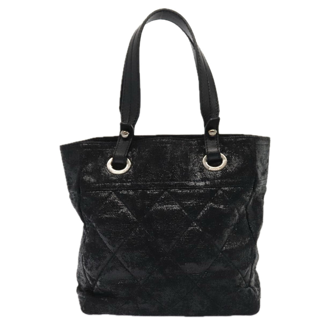 CHANEL Paris Biarritz MM Tote Bag Coated Canvas Black Silver CC bs17785