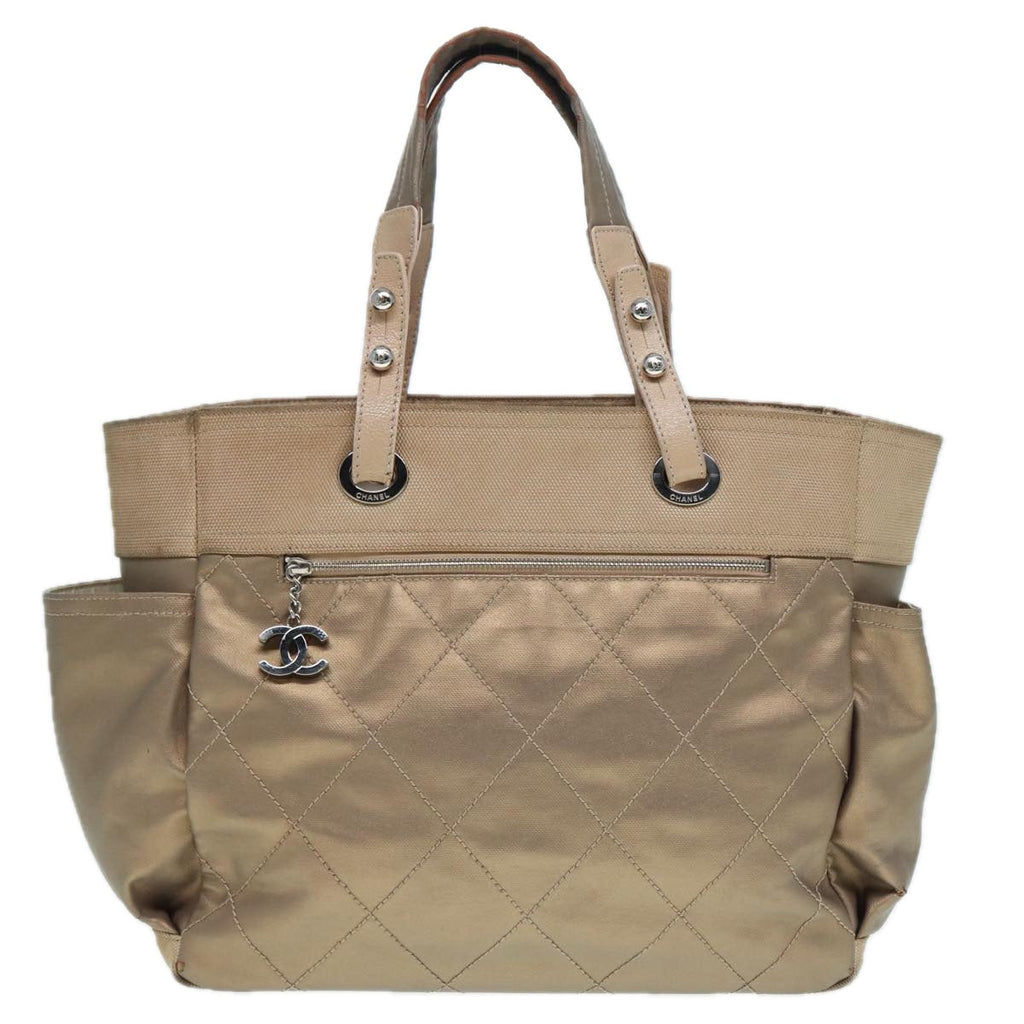 CHANEL Paris Biarritz MM Tote Bag Coated Canvas Gold Tone Silver CC bs17902