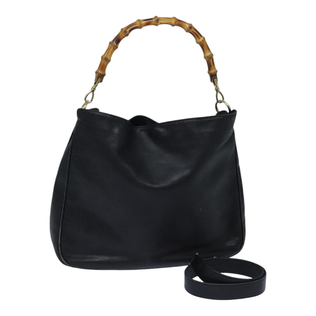 GUCCI Bamboo Hand Bag Leather 2way Black Gold 001 1781 1577 bs17930
