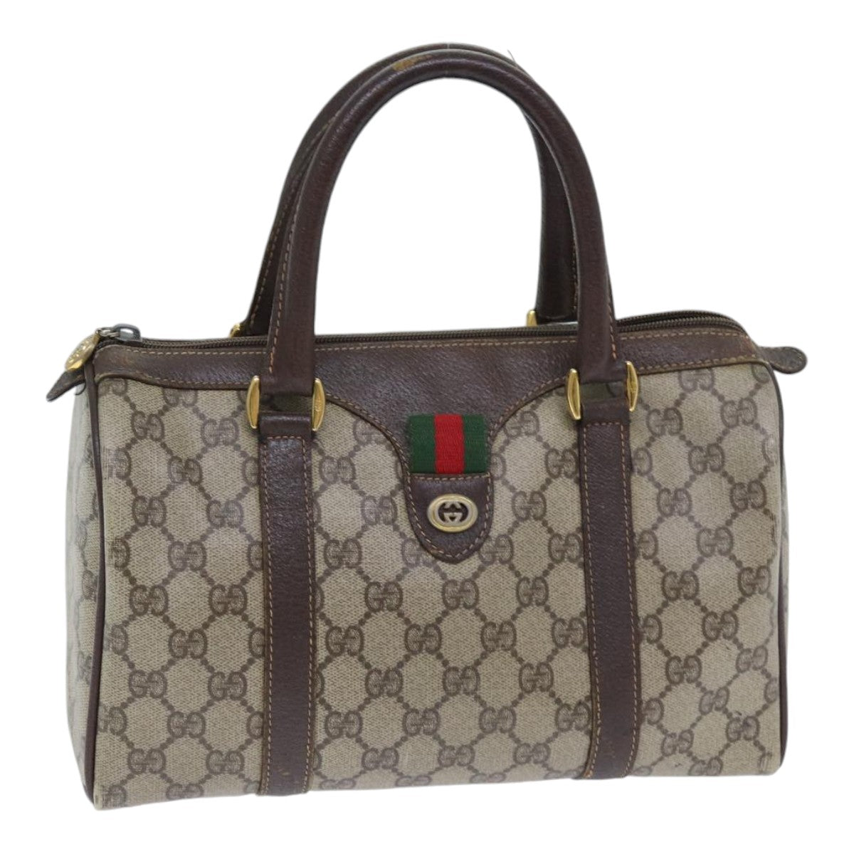 GUCCI GG Supreme Web Sherry Line Boston Bag PVC Beige Gold Red bs17972