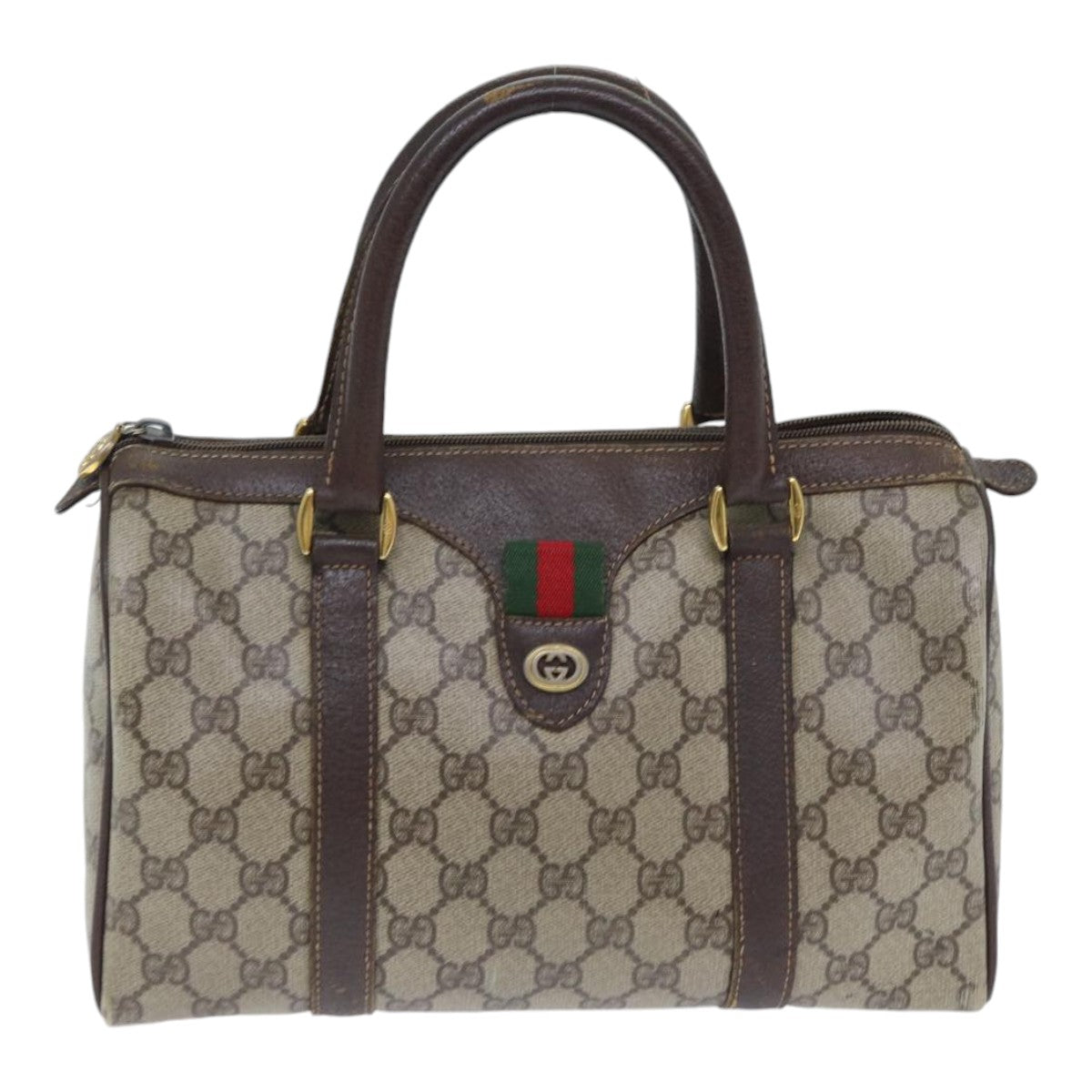 GUCCI GG Supreme Web Sherry Line Boston Bag PVC Beige Gold Red bs17972