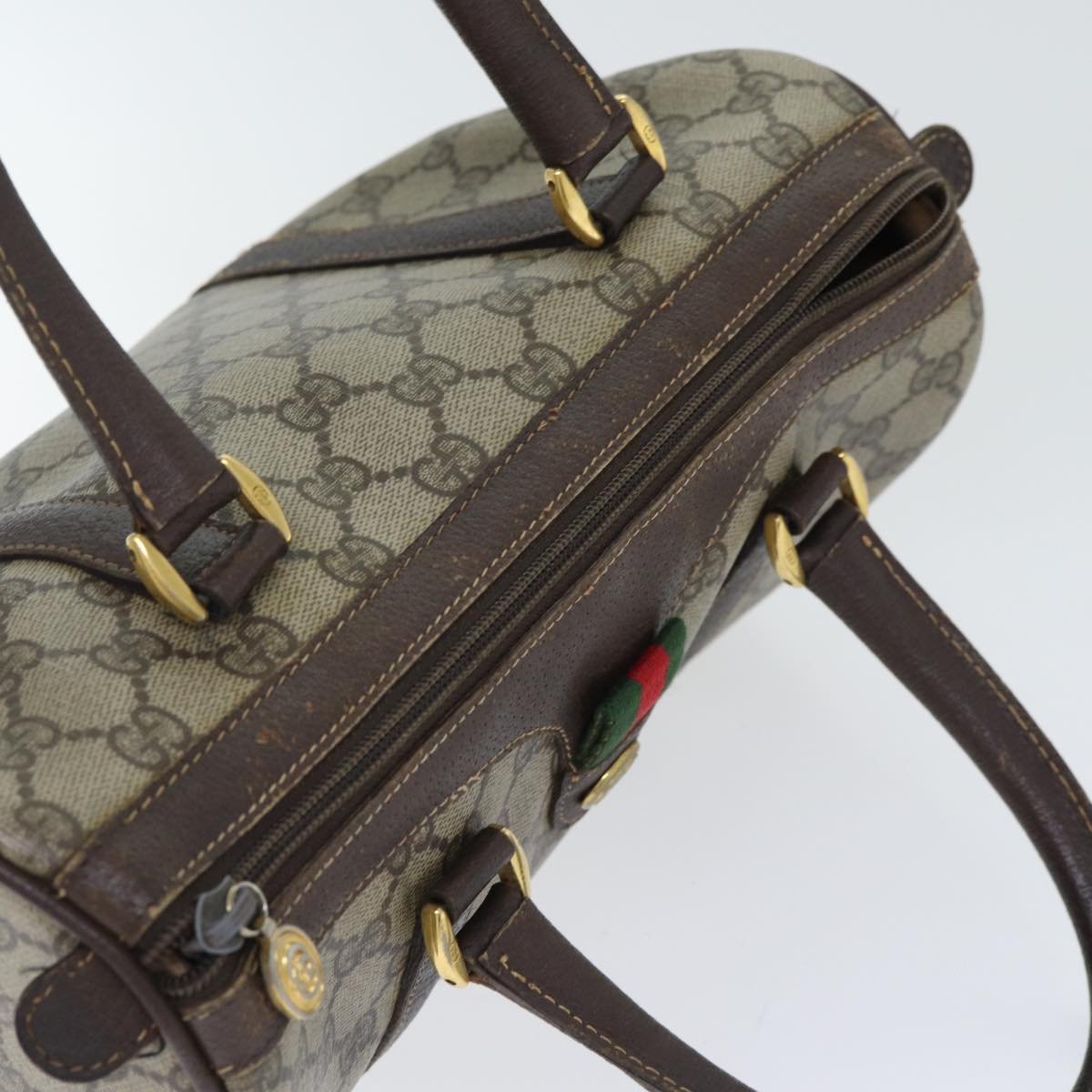 GUCCI GG Supreme Web Sherry Line Boston Bag PVC Beige Gold Red bs17972