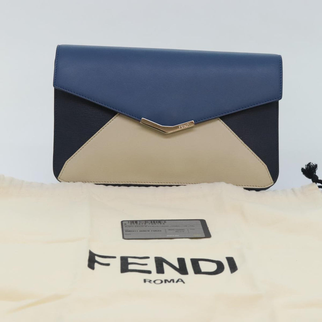 FENDI Clutch Bag Leather Blue Silver white bs18021
