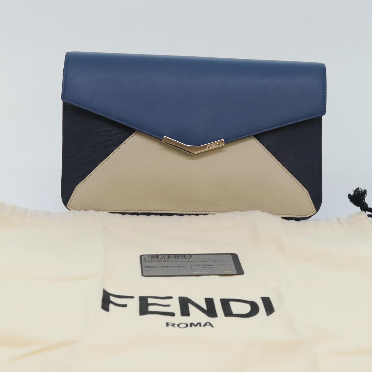 FENDI Clutch Bag Leather Blue Silver white bs18021