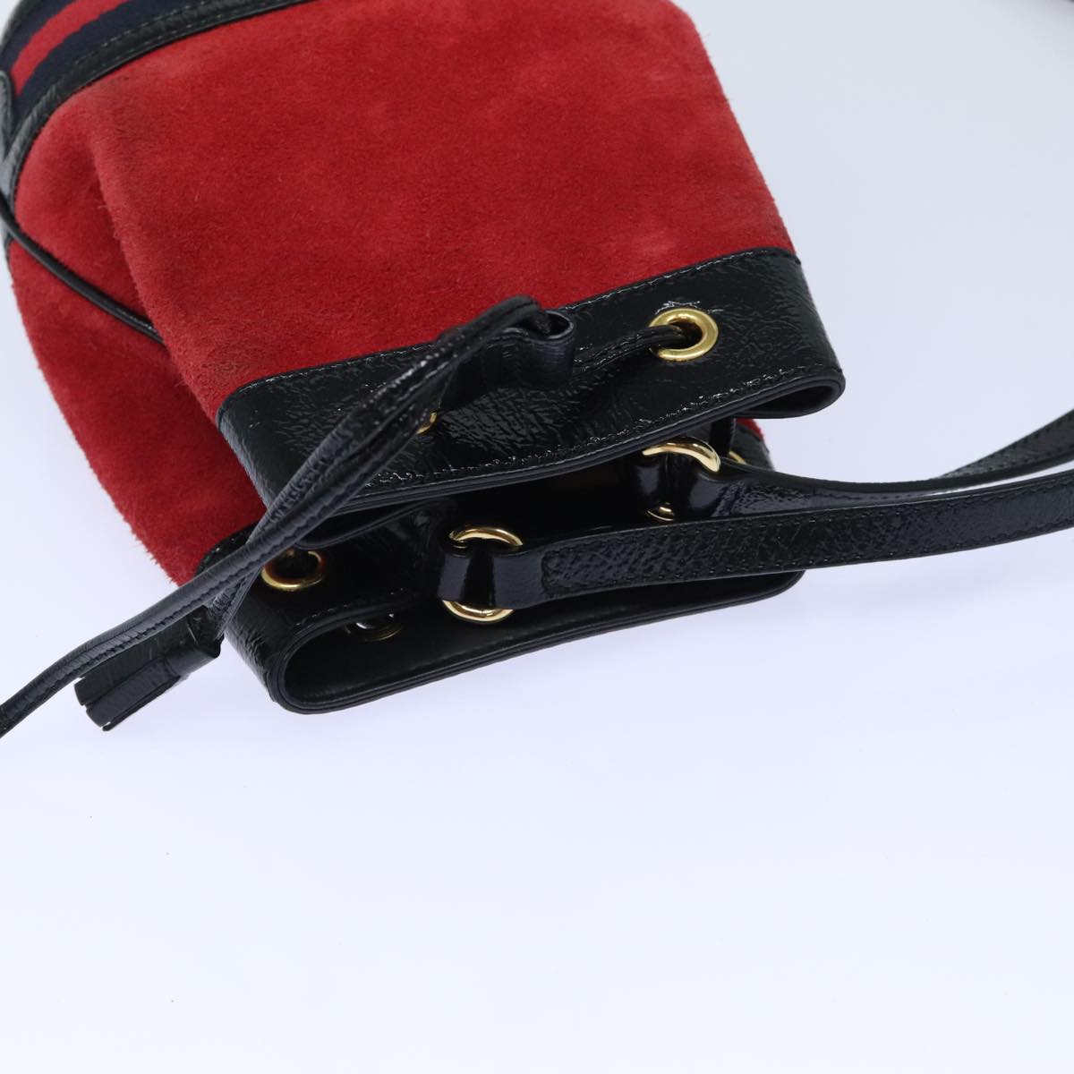 GUCCI Sherry Line Shoulder Bag Suede Red Gold Navy 550620 bs18146