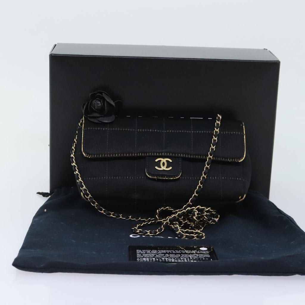 CHANEL Choco Bar Chain Shoulder Bag Satin Black CC bs18254